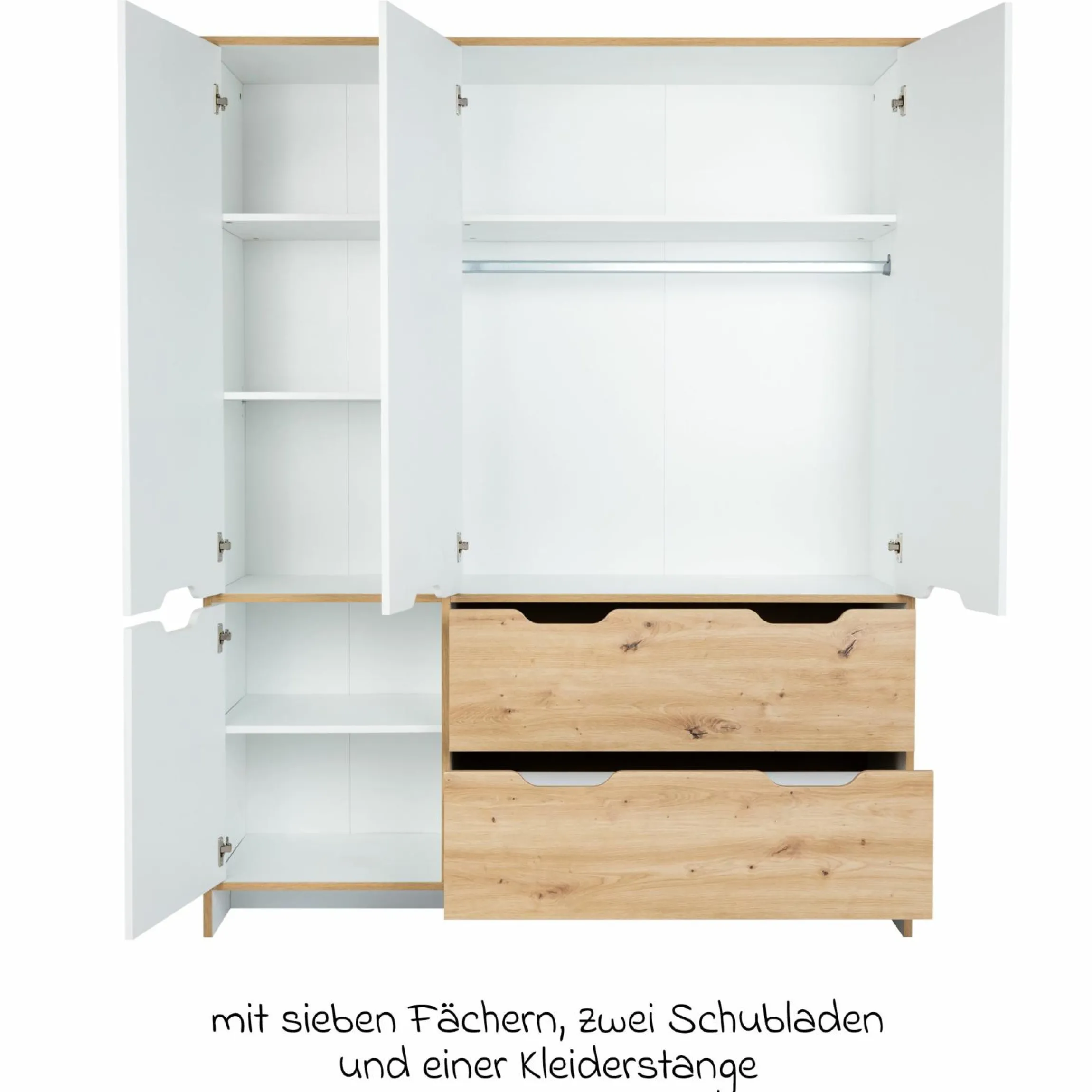 3-tlg Kinderzimmer-Set Maxim mit 4-türigem Schrank, Bett, Wickelkommode mit Wickelaufsatz - Kreideweiß / Artisan-Oak - Kollektion 2024