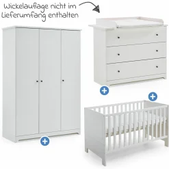 3-tlg Kinderzimmer-Set Thilo mit 3-türigem Schrank, Bett, Wickelkommode mit Wickelaufsatz - Weiß - Kollektion 2024