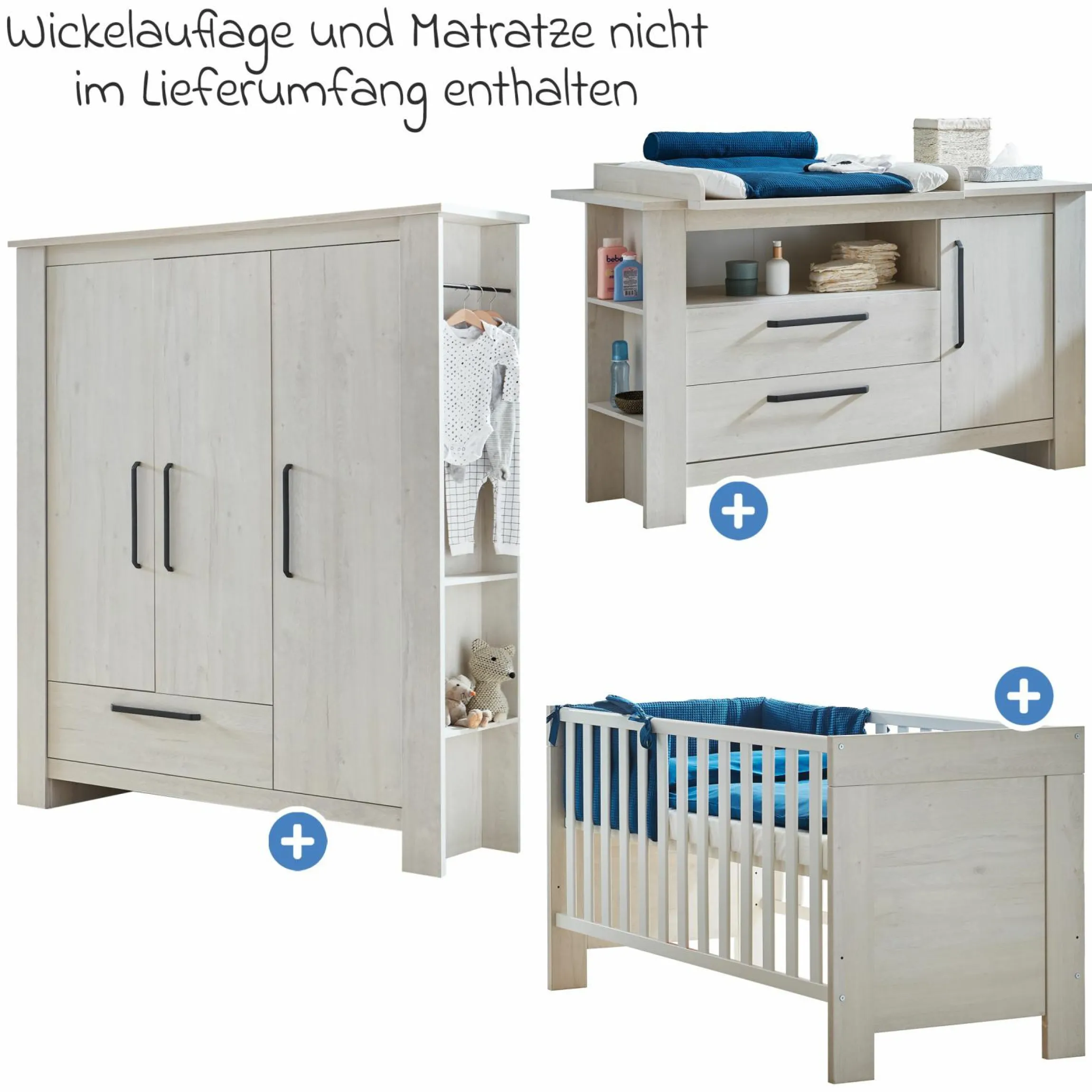 3-tlg Kinderzimmer-Set Til mit 3-türigem Schrank, Bett, extrabreite Wickelkommode mit Wickelaufsatz - Nordic Wood - Kollektion 2024