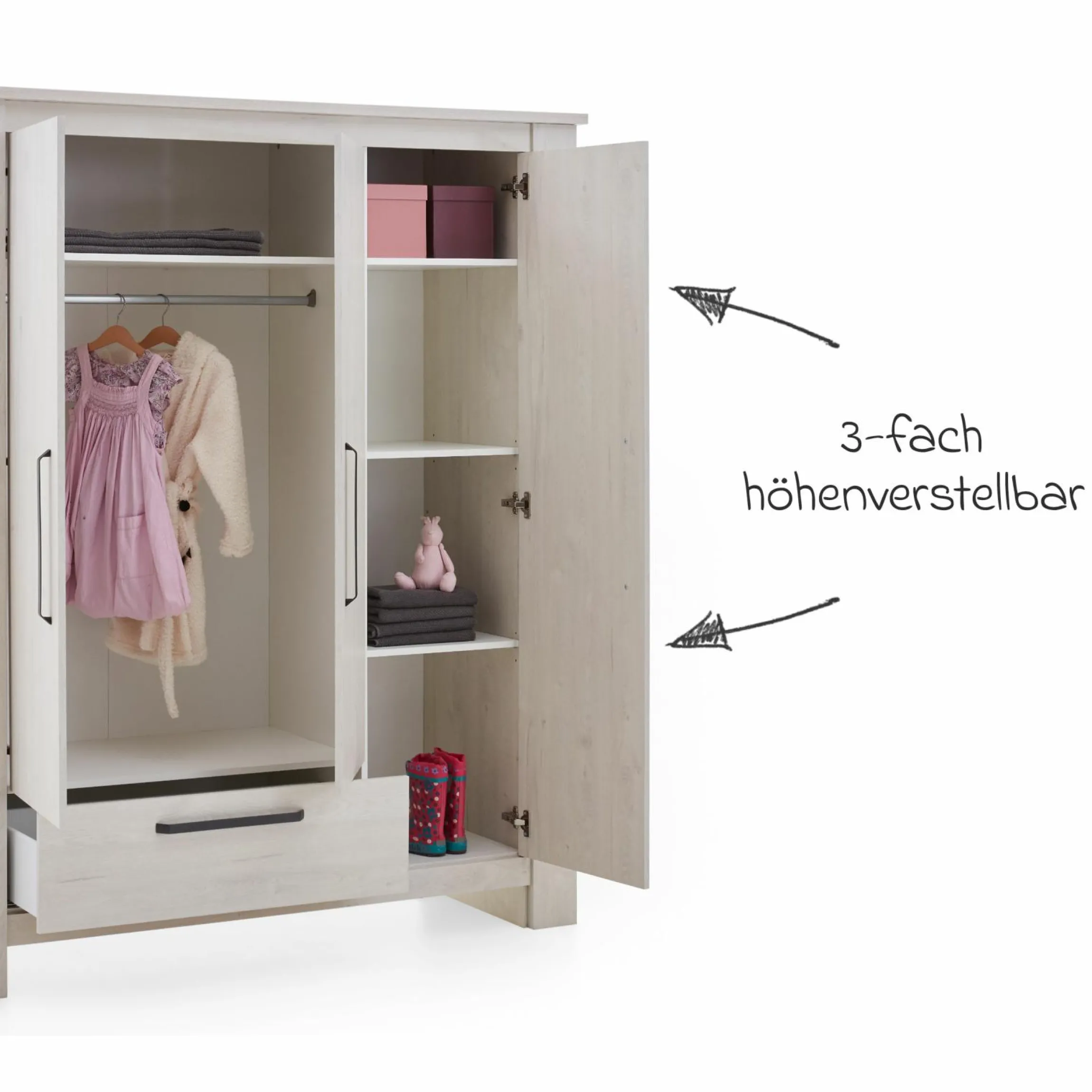 3-tlg Kinderzimmer-Set Til mit 3-türigem Schrank, Bett, extrabreite Wickelkommode mit Wickelaufsatz - Nordic Wood - Kollektion 2024