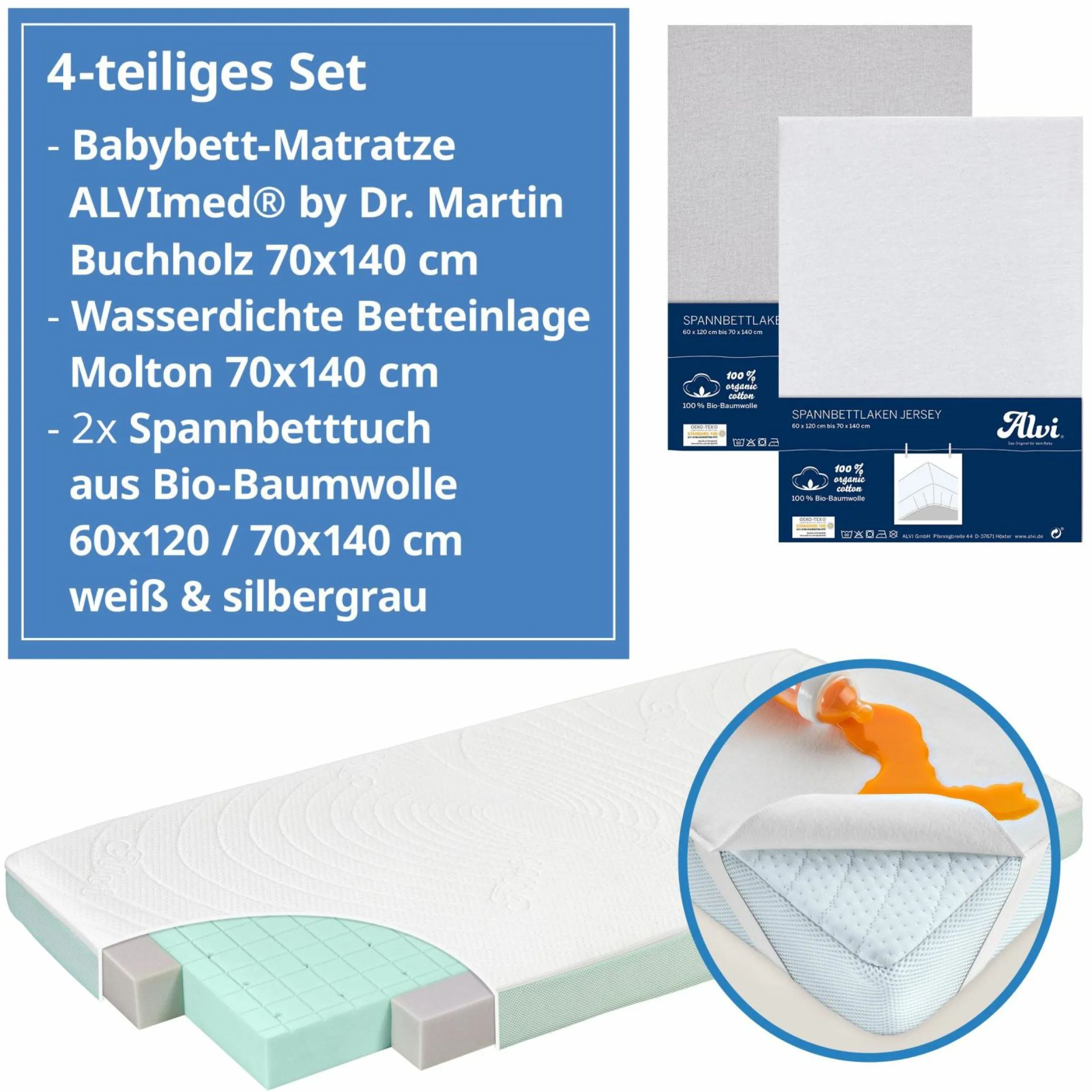 4-tlg. Matratzen-Set für Kinderbett 70x140 cm - Babybettmatratze ALVImed® + Betteinlage + 2 Spannbettlaken