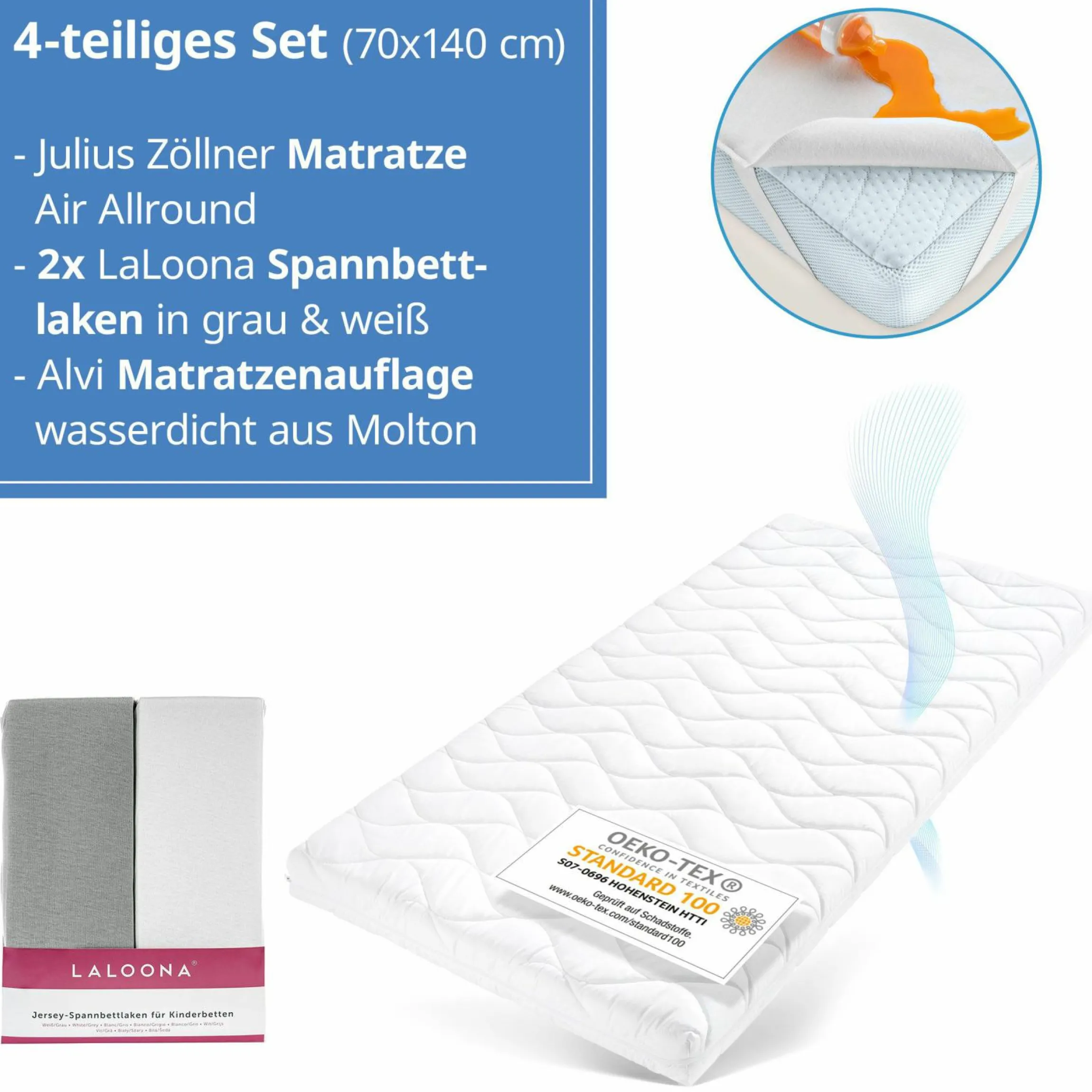 4-tlg. Matratzen-Set für Kinderbett 70x140cm - Babymatratze Air Allround + Betteinlage+ 2 Spannbettlaken