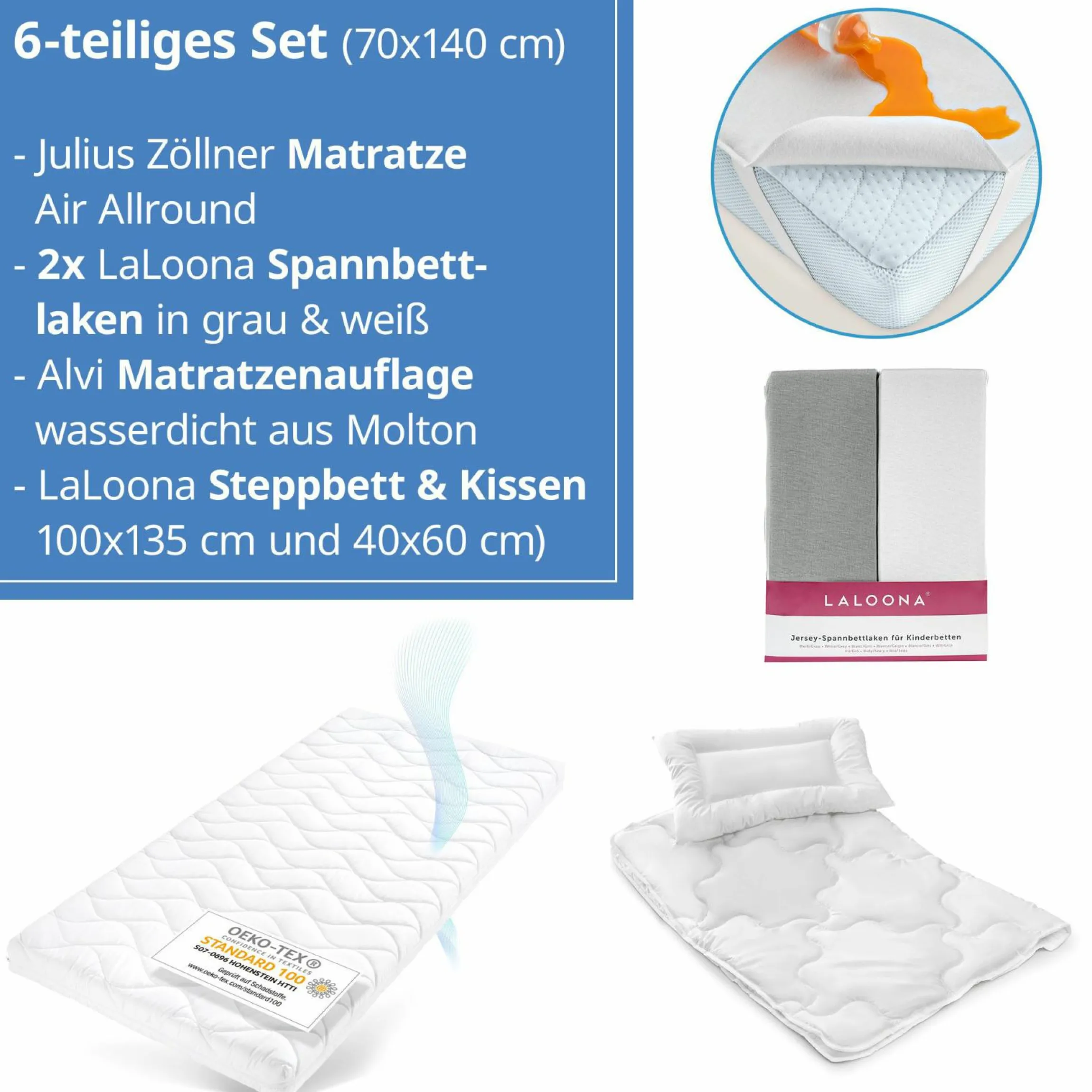 6-tlg. Matratzen-Set für Kinderbett 70x140cm - Babymatratze Air Allround + Steppbett-Set + Betteinlage + 2 Spannbettlaken
