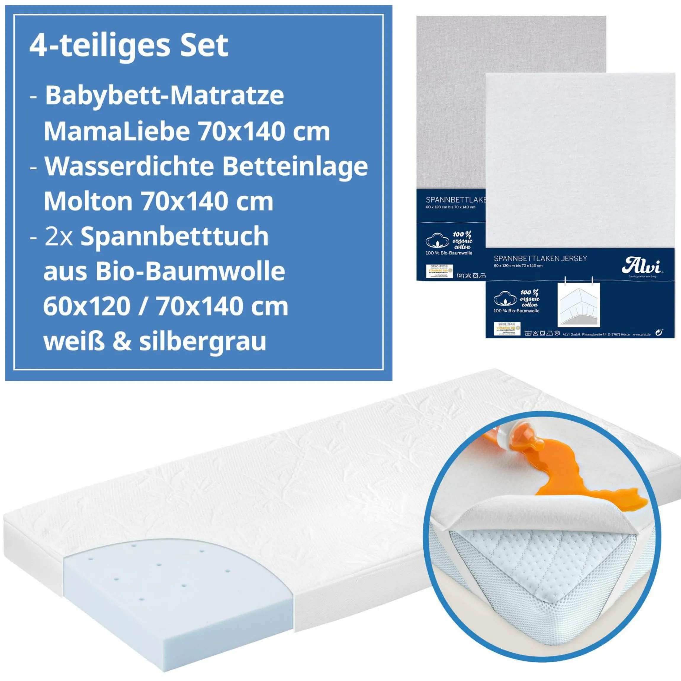 4-tlg. Matratzen-Set für Kinderbett 70x140 cm - Babybettmatratze MamaLiebe + Betteinlage + 2 Spannbettlaken