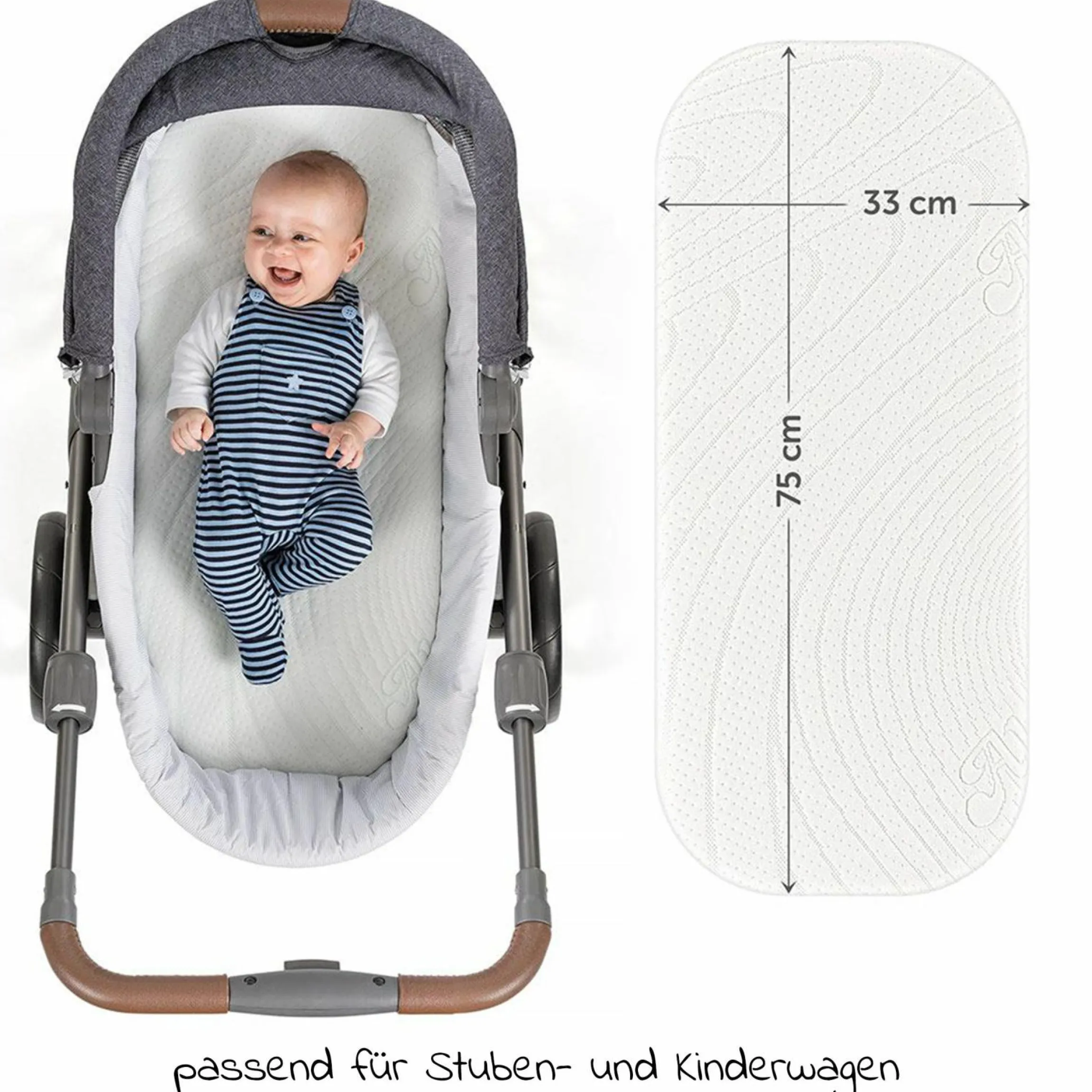 3-tlg. Matratzen-Set für Kinderwagen 75 x 33 cm - Weiß & Hellgrau
