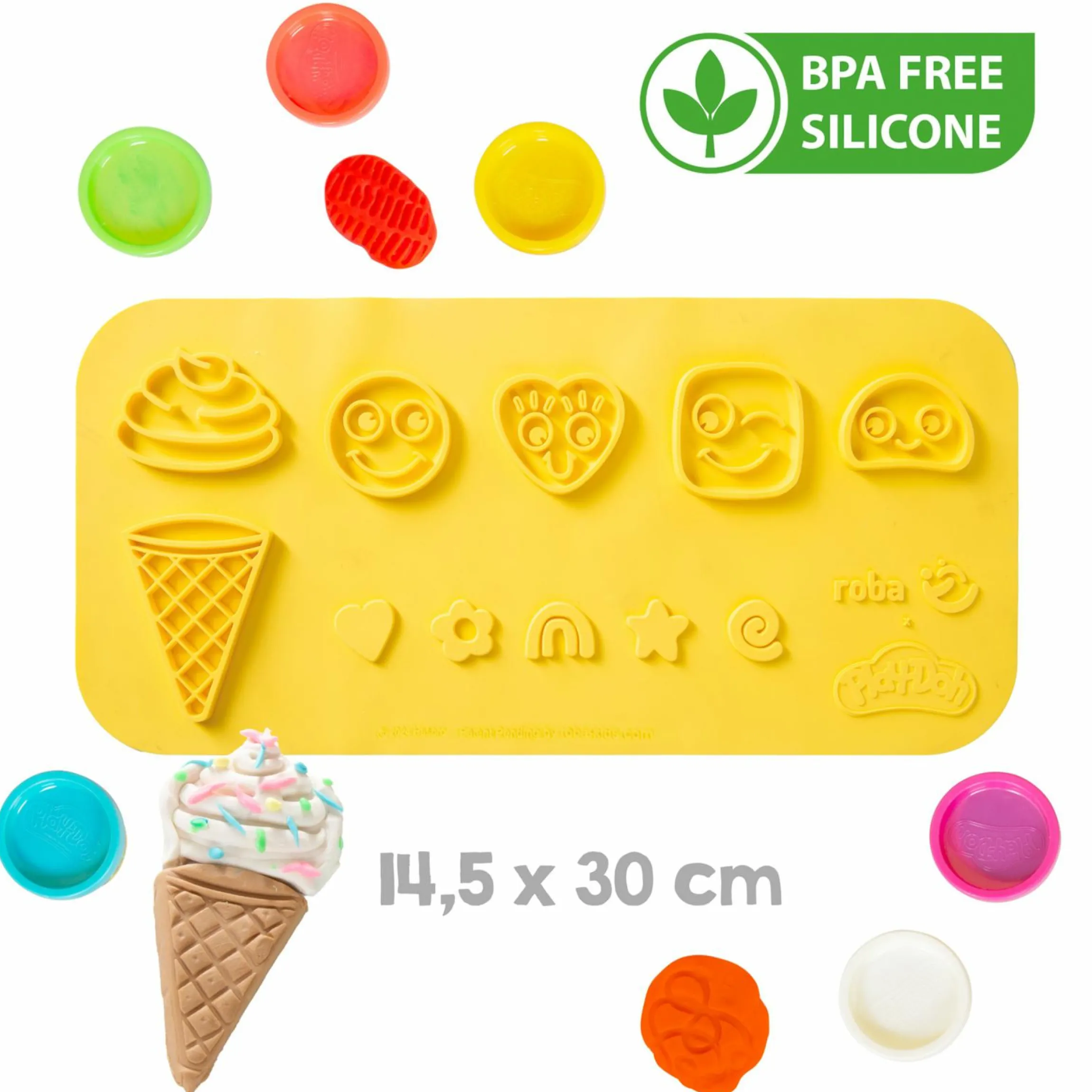 10-tlg. Nachhaltiges Spielset Roba + Play-Doh mit Bastelmatte 14,5 x 30 cm, 6 Dosen Knetmasse, Teigrolle, Pizzaschneider & Modelierwerkzeug