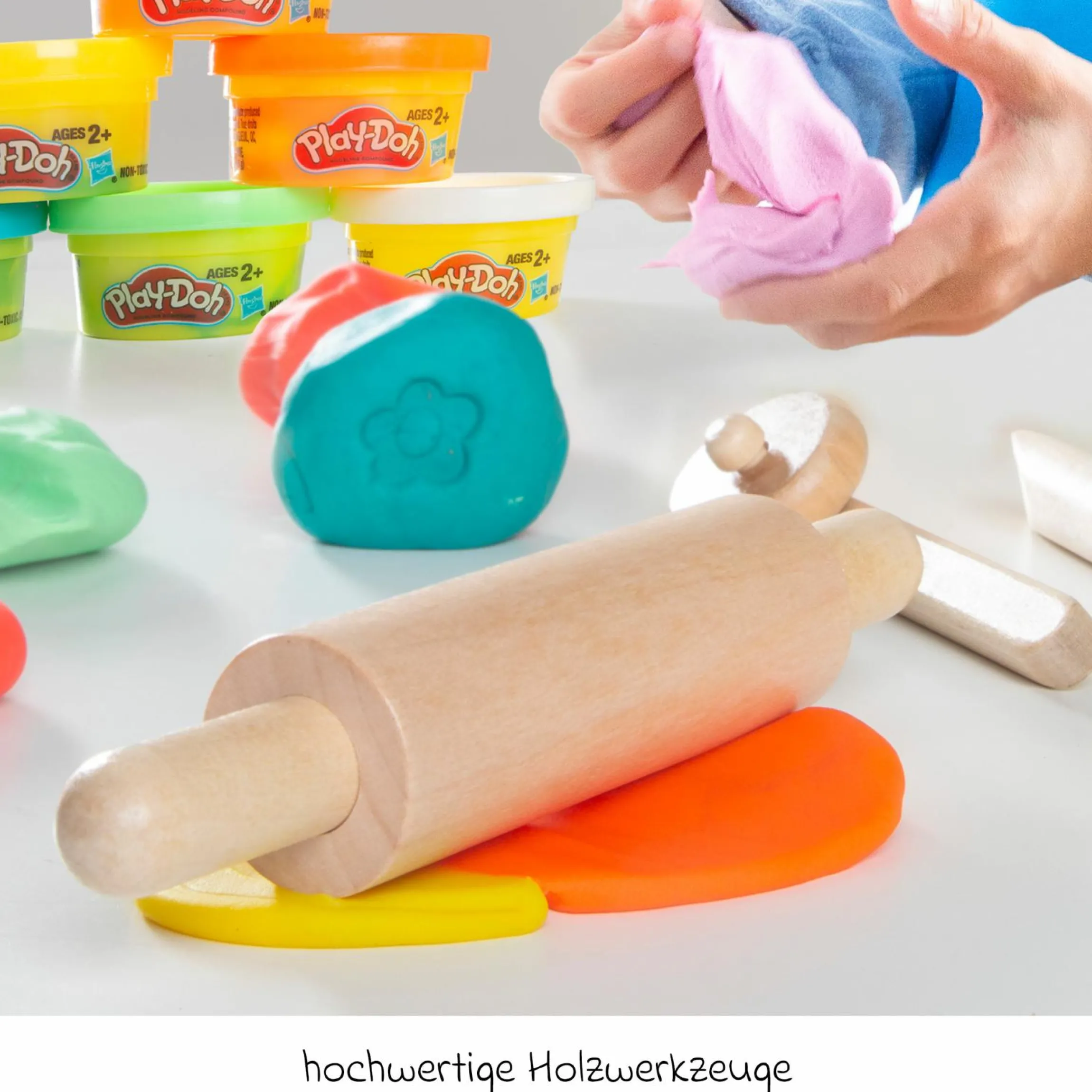 10-tlg. Nachhaltiges Spielset Roba + Play-Doh mit Bastelmatte 14,5 x 30 cm, 6 Dosen Knetmasse, Teigrolle, Pizzaschneider & Modelierwerkzeug