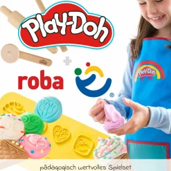 10-tlg. Nachhaltiges Spielset Roba + Play-Doh mit Bastelmatte 14,5 x 30 cm, 6 Dosen Knetmasse, Teigrolle, Pizzaschneider & Modelierwerkzeug