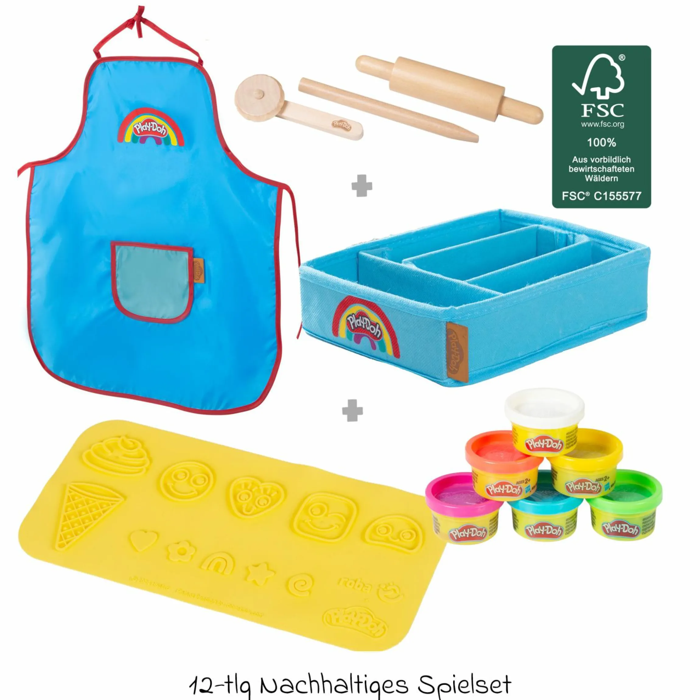 12-tlg. Nachhaltiges Spielset Roba + Play-Doh mit Bastelmatte 14,5 x 30 cm, Schürze, Box, 6 Dosen Knetmasse, Teigrolle, Pizzaschneider & Modelierwerkzeug - Kollektion 2025