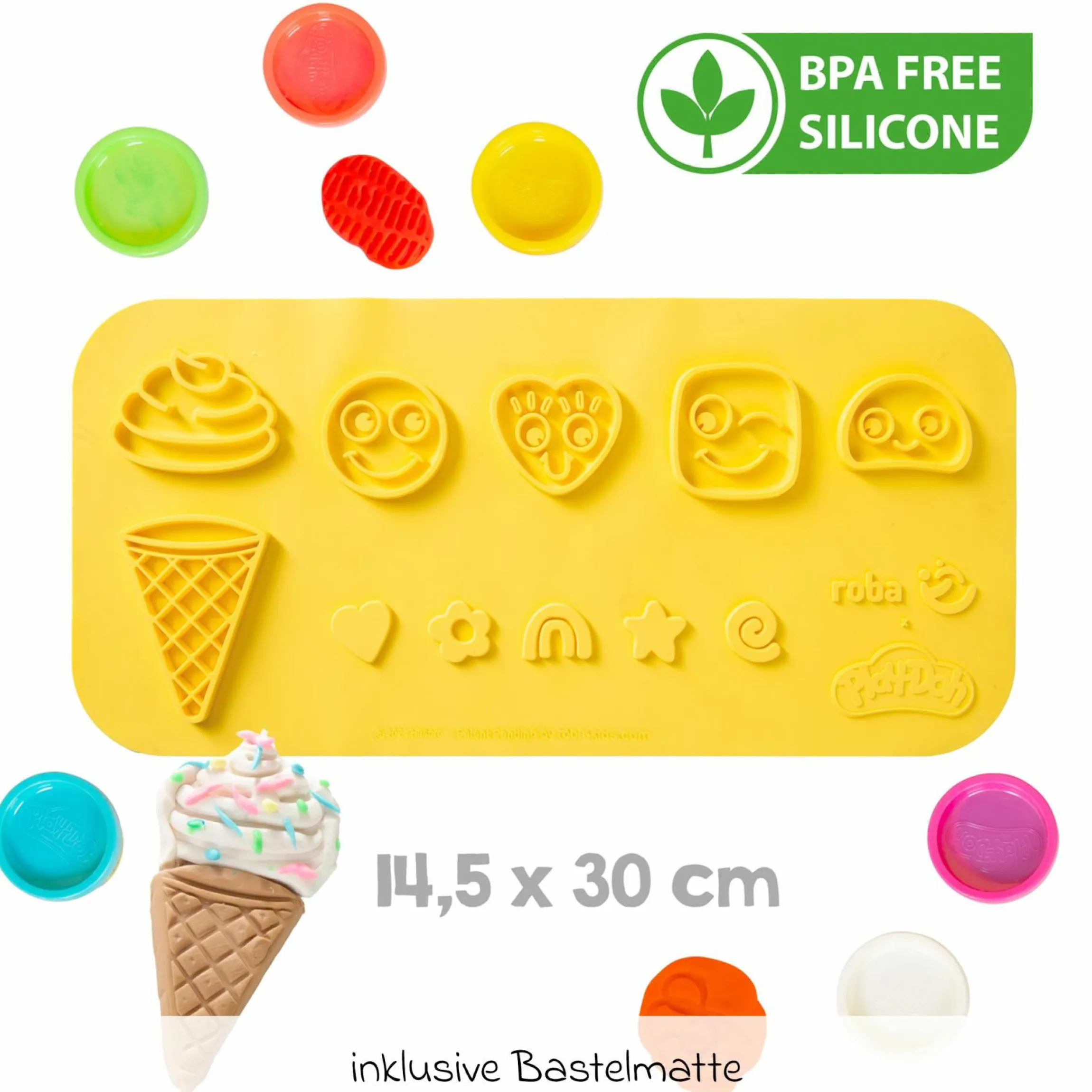 12-tlg. Nachhaltiges Spielset Roba + Play-Doh mit Bastelmatte 14,5 x 30 cm, Schürze, Box, 6 Dosen Knetmasse, Teigrolle, Pizzaschneider & Modelierwerkzeug - Kollektion 2025