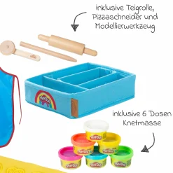 12-tlg. Nachhaltiges Spielset Roba + Play-Doh mit Bastelmatte 14,5 x 30 cm, Schürze, Box, 6 Dosen Knetmasse, Teigrolle, Pizzaschneider & Modelierwerkzeug - Kollektion 2025