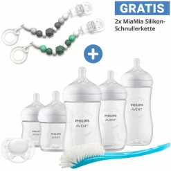 7-tlg. Neugeborenen-Starter-Set Natural Response + GRATIS 2x Schnullerkette / 5 PP-Flaschen mit Silikon-Sauger + Schnuller Ultra Soft 0-6M + Flaschenbürste