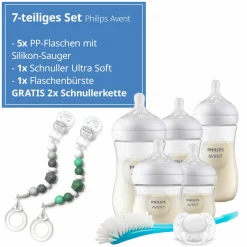 7-tlg. Neugeborenen-Starter-Set Natural Response + GRATIS 2x Schnullerkette / 5 PP-Flaschen mit Silikon-Sauger + Schnuller Ultra Soft 0-6M + Flaschenbürste