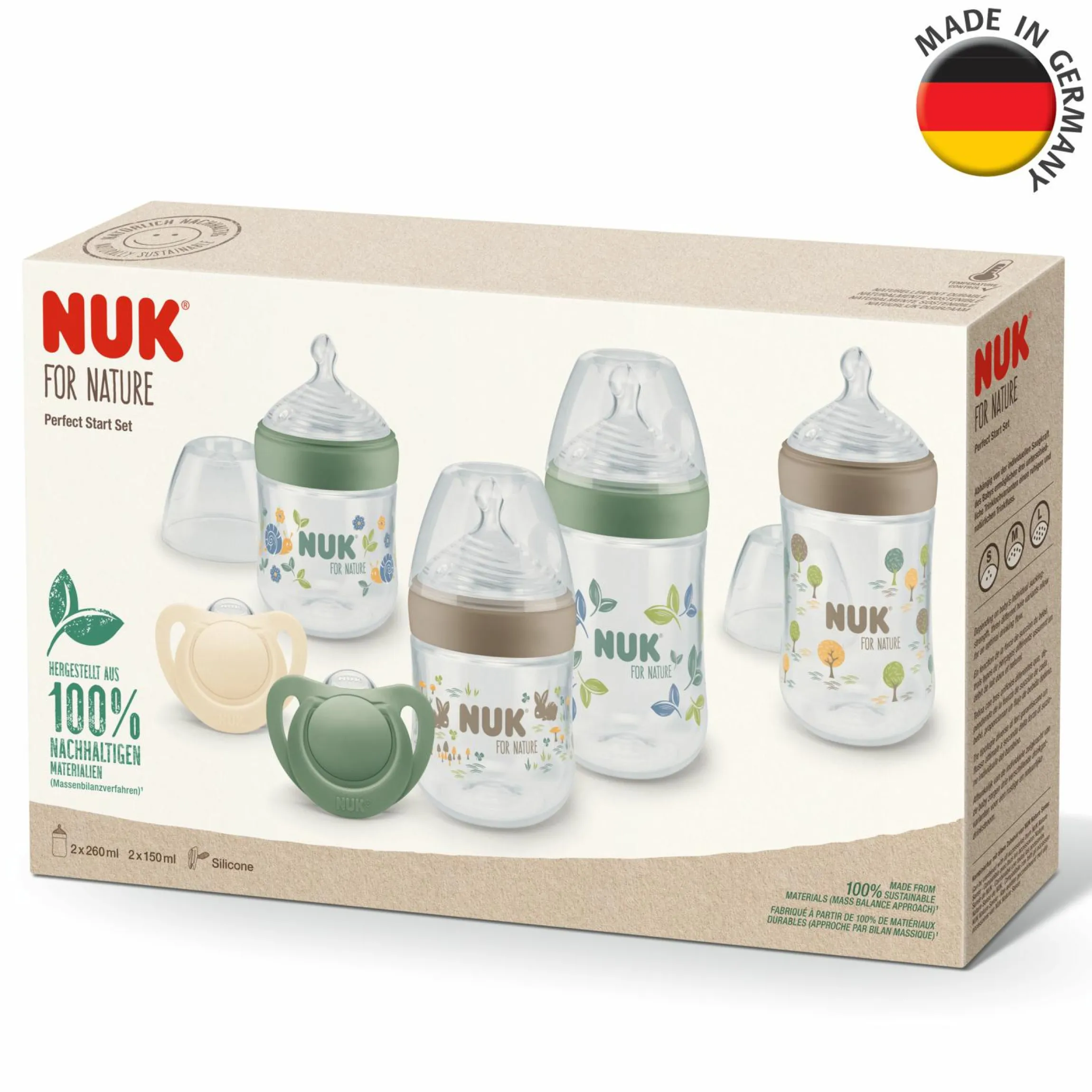 6-tlg. Perfect-Start-Set for Nature - 4x PP-Flasche (150 ml & 260 ml) + 2x Silikon-Schnuller (0-6 Monate)