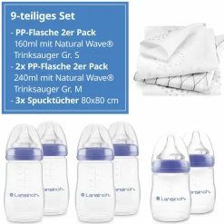 9-tlg. PP-Flaschen-Set mit NaturalWave® Trinksauger Gr. S & M + 3 Spucktücher