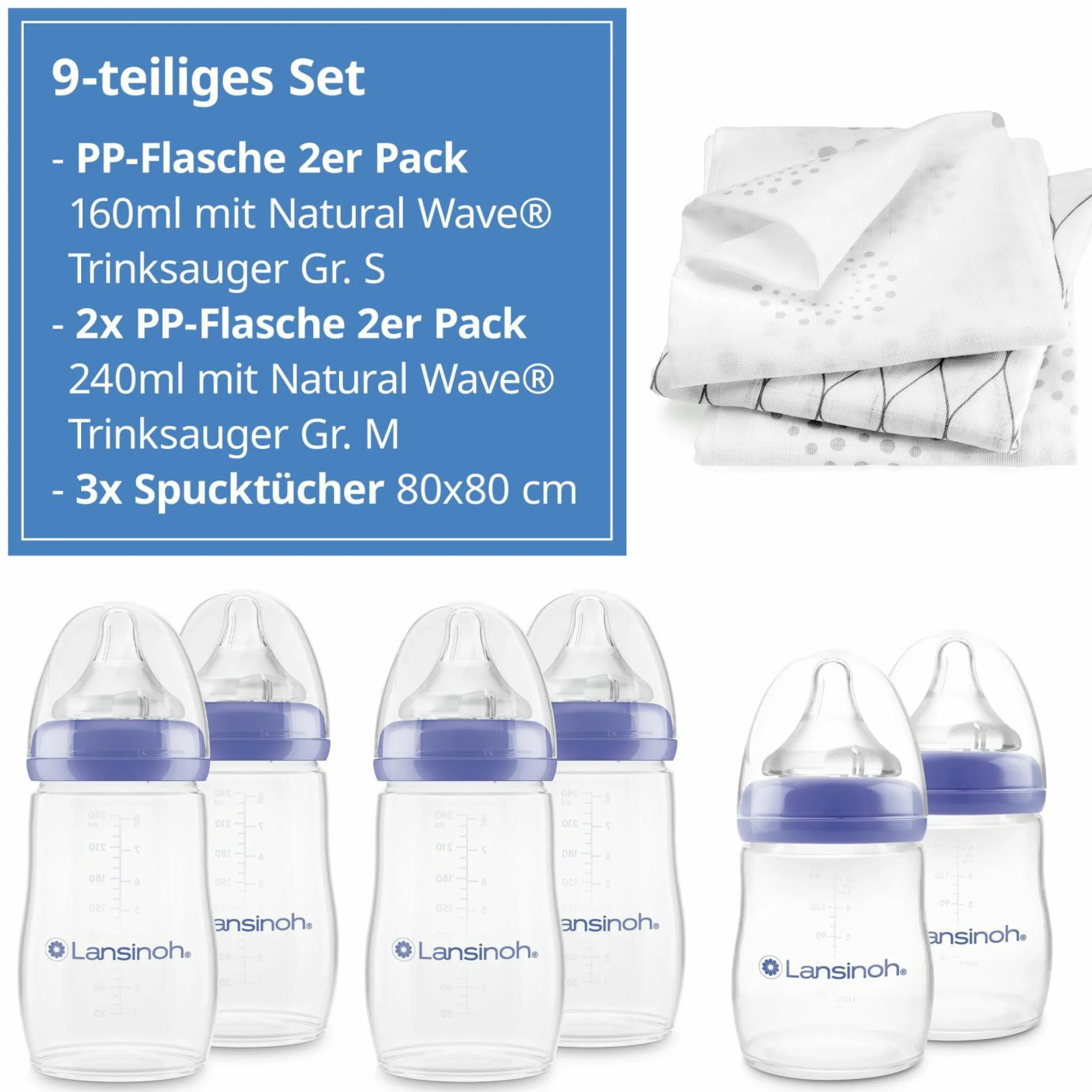 9-tlg. PP-Flaschen-Set mit NaturalWave® Trinksauger Gr. S & M + 3 Spucktücher
