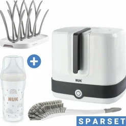 4-tlg. Reinigungs-Set für Babyflaschen - Dampfsterilisator Vario Express + Abtropfständer + Flaschenbürste - Grau / Weiß