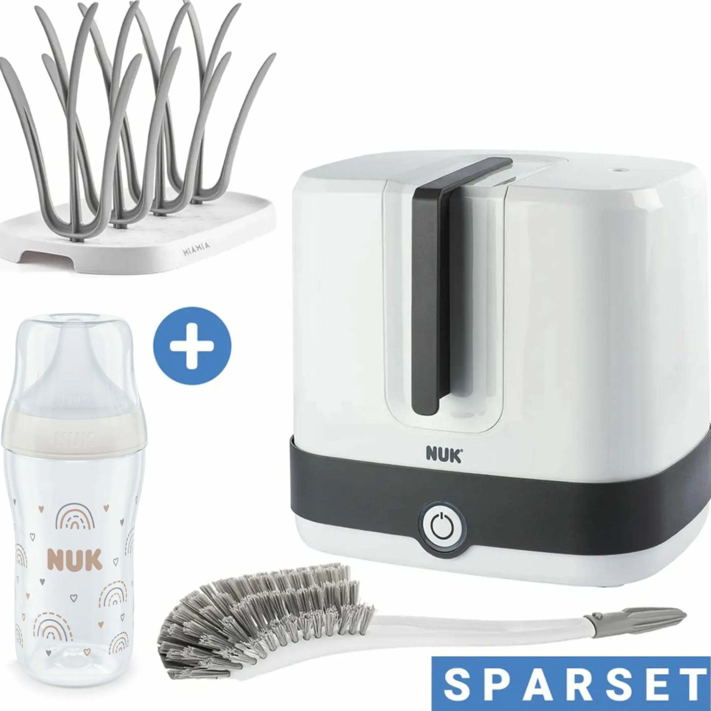 4-tlg. Reinigungs-Set für Babyflaschen - Dampfsterilisator Vario Express + Abtropfständer + Flaschenbürste - Grau / Weiß