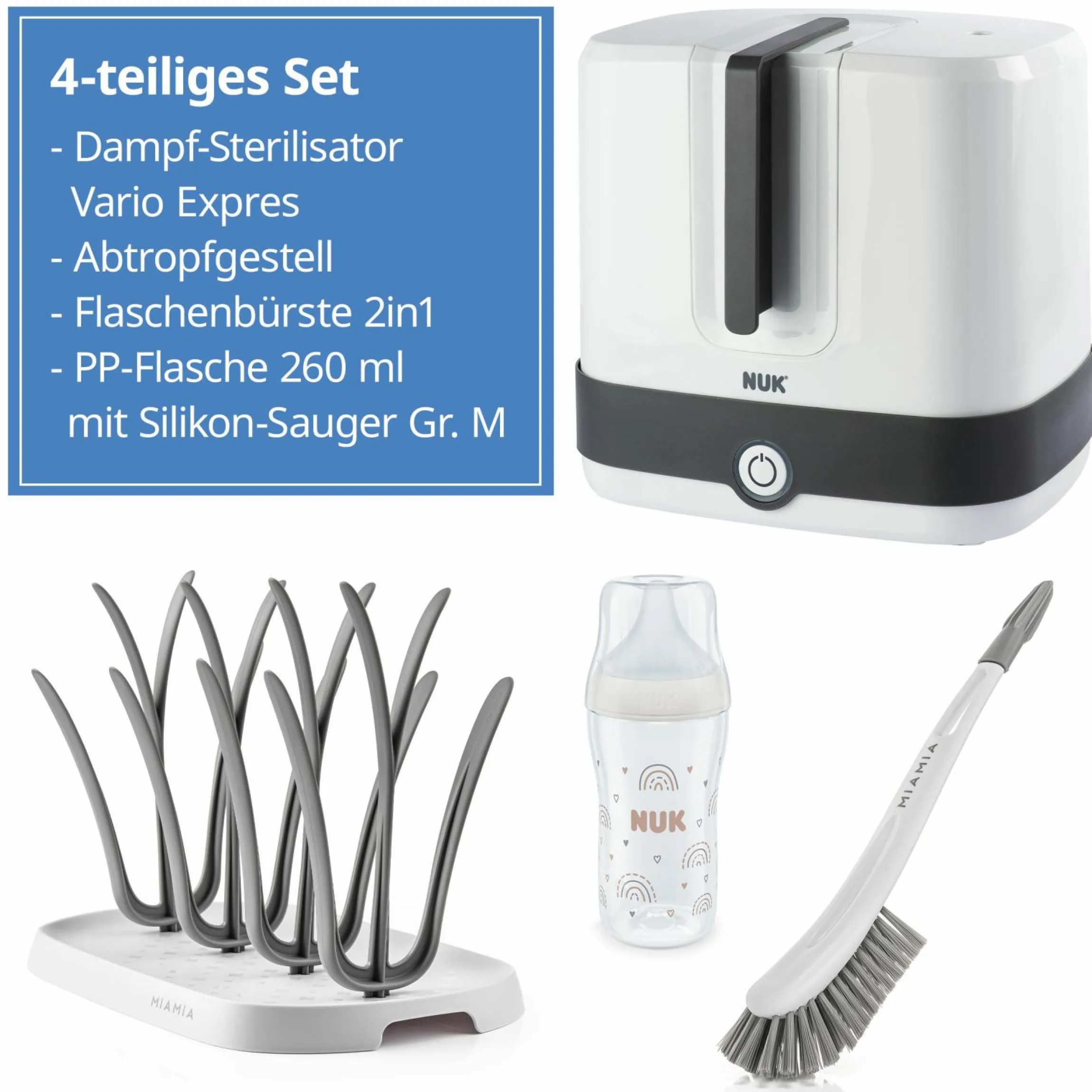 4-tlg. Reinigungs-Set für Babyflaschen - Dampfsterilisator Vario Express + Abtropfständer + Flaschenbürste - Grau / Weiß