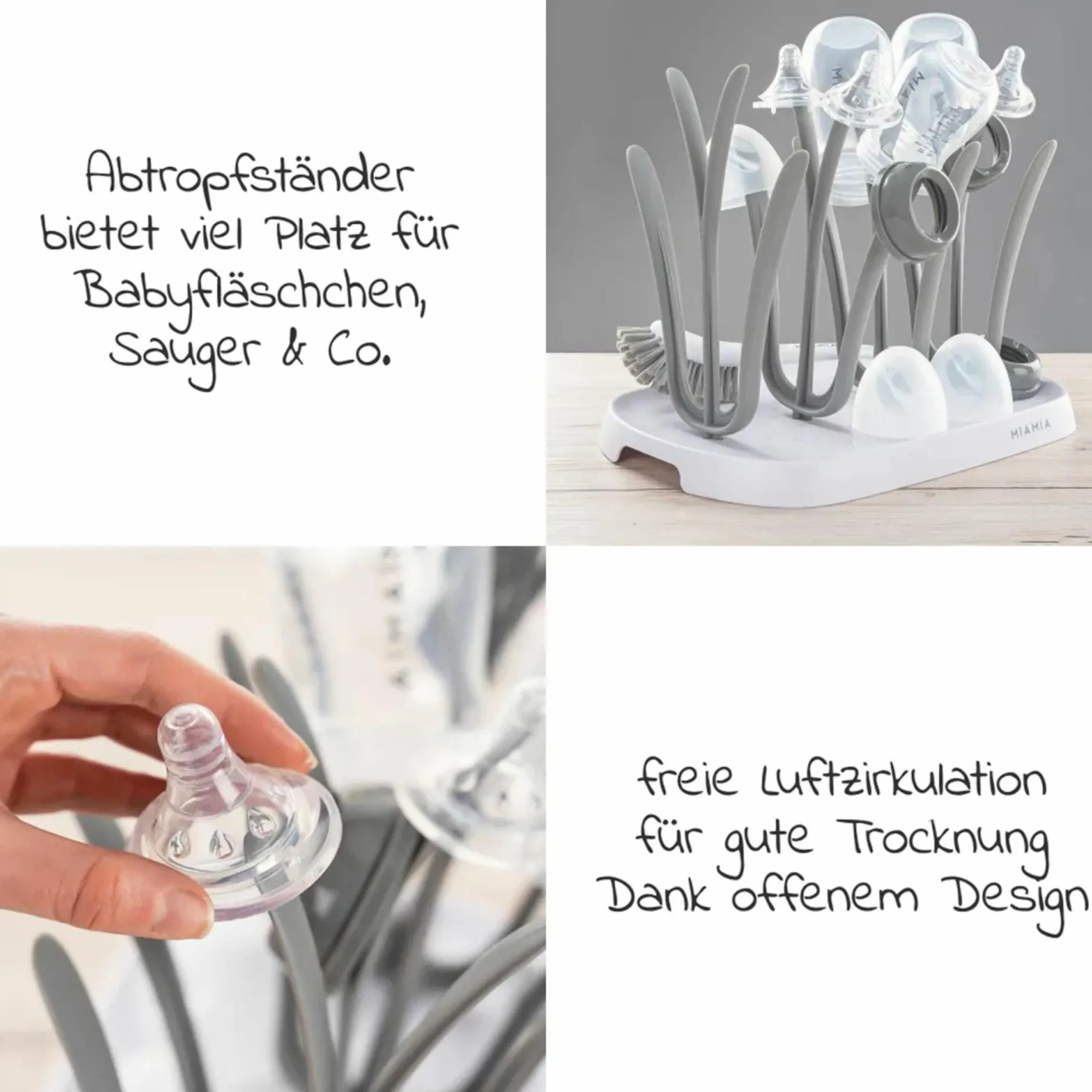 4-tlg. Reinigungs-Set für Babyflaschen - Dampfsterilisator Vario Express + Abtropfständer + Flaschenbürste - Grau / Weiß