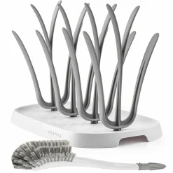 2-tlg. Reinigungsset für Babyflaschen - Abtropfgestell + Flaschenbürste - Grau Weiß