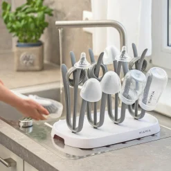 2-tlg. Reinigungsset für Babyflaschen - Abtropfgestell + Flaschenbürste - Grau Weiß