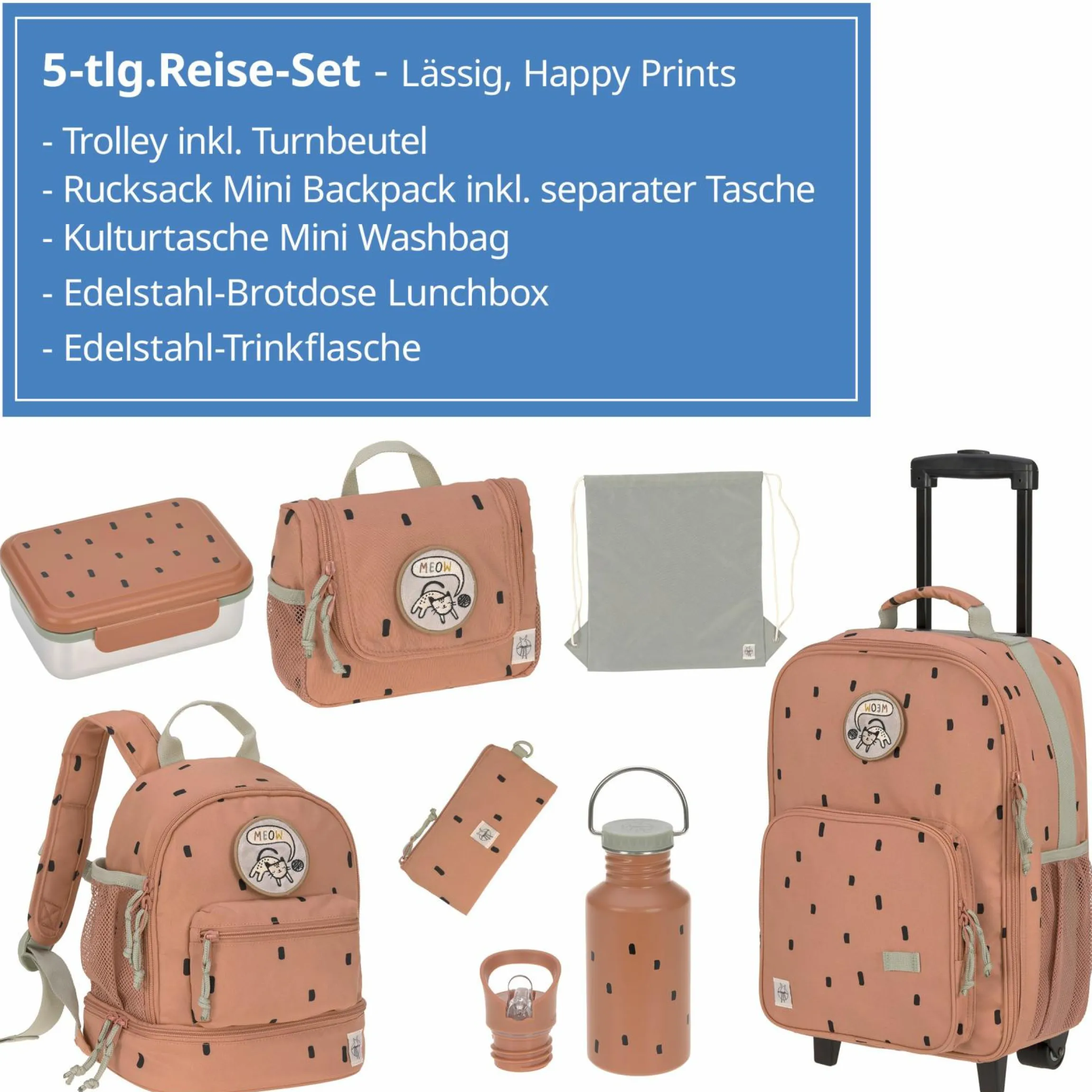 5-tlg. Reise-Set - inkl. Trolley + Washbag + Rucksack + Lunchbox + Trinkflasche - Happy Prints - Caramel