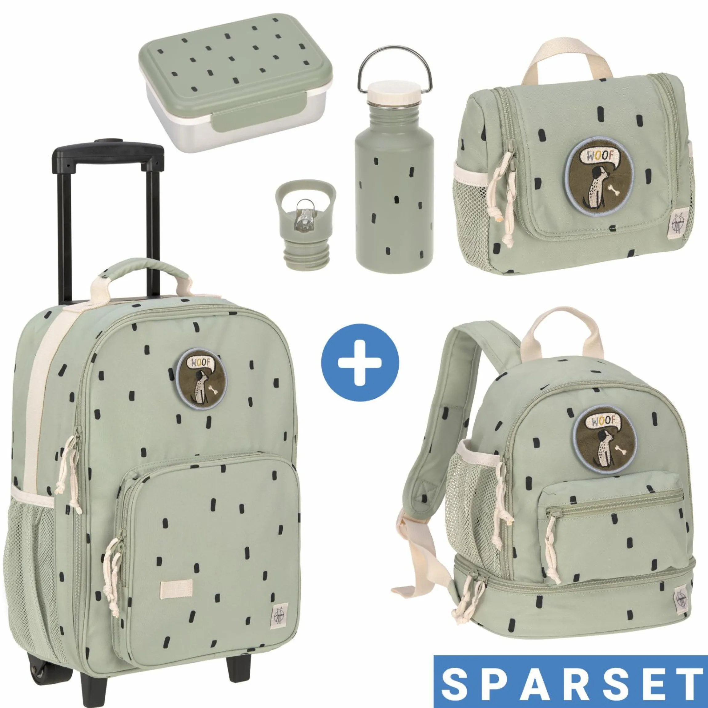 5-tlg. Reise-Set - inkl. Trolley + Washbag + Rucksack + Lunchbox + Trinkflasche - Happy Prints - Light Olive