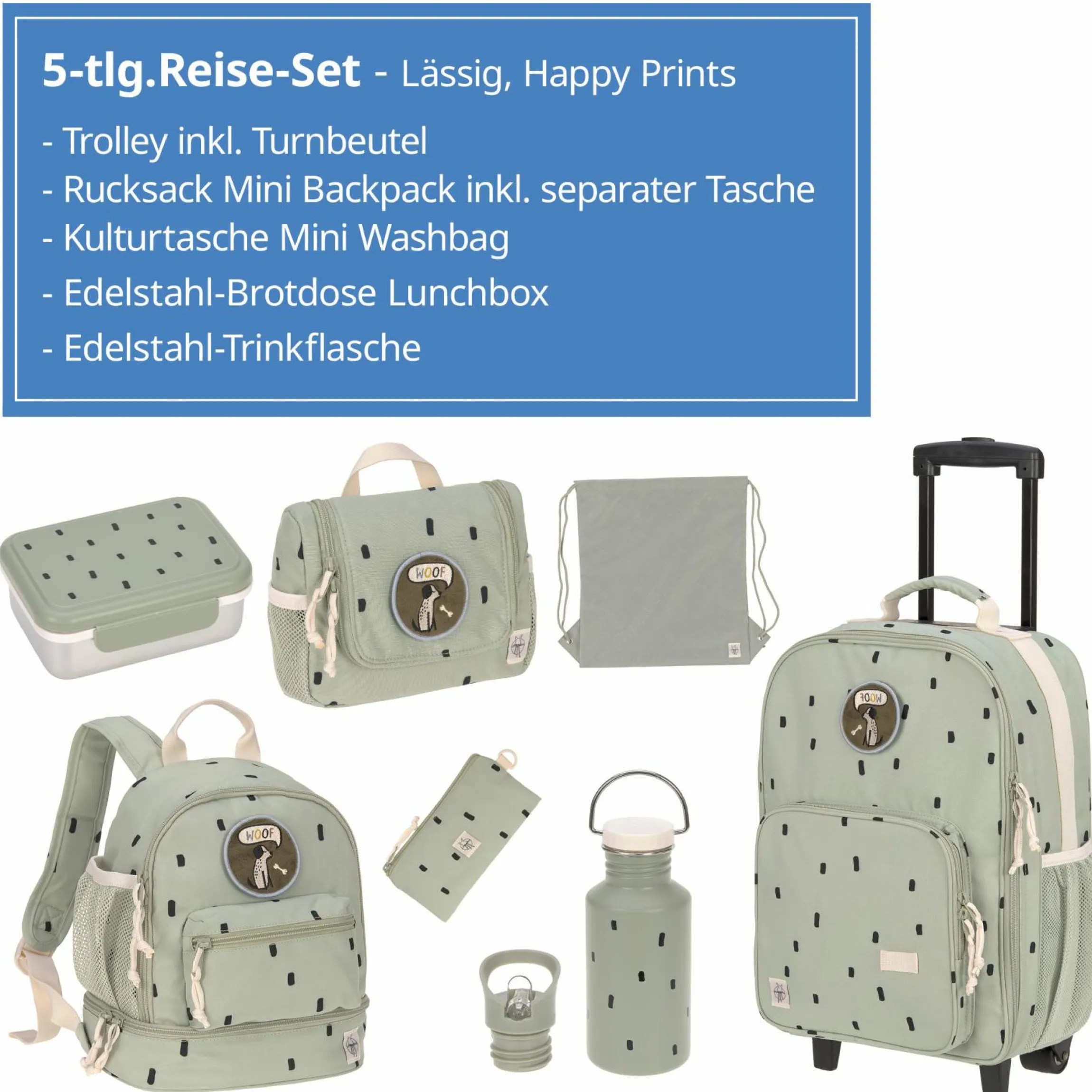 5-tlg. Reise-Set - inkl. Trolley + Washbag + Rucksack + Lunchbox + Trinkflasche - Happy Prints - Light Olive