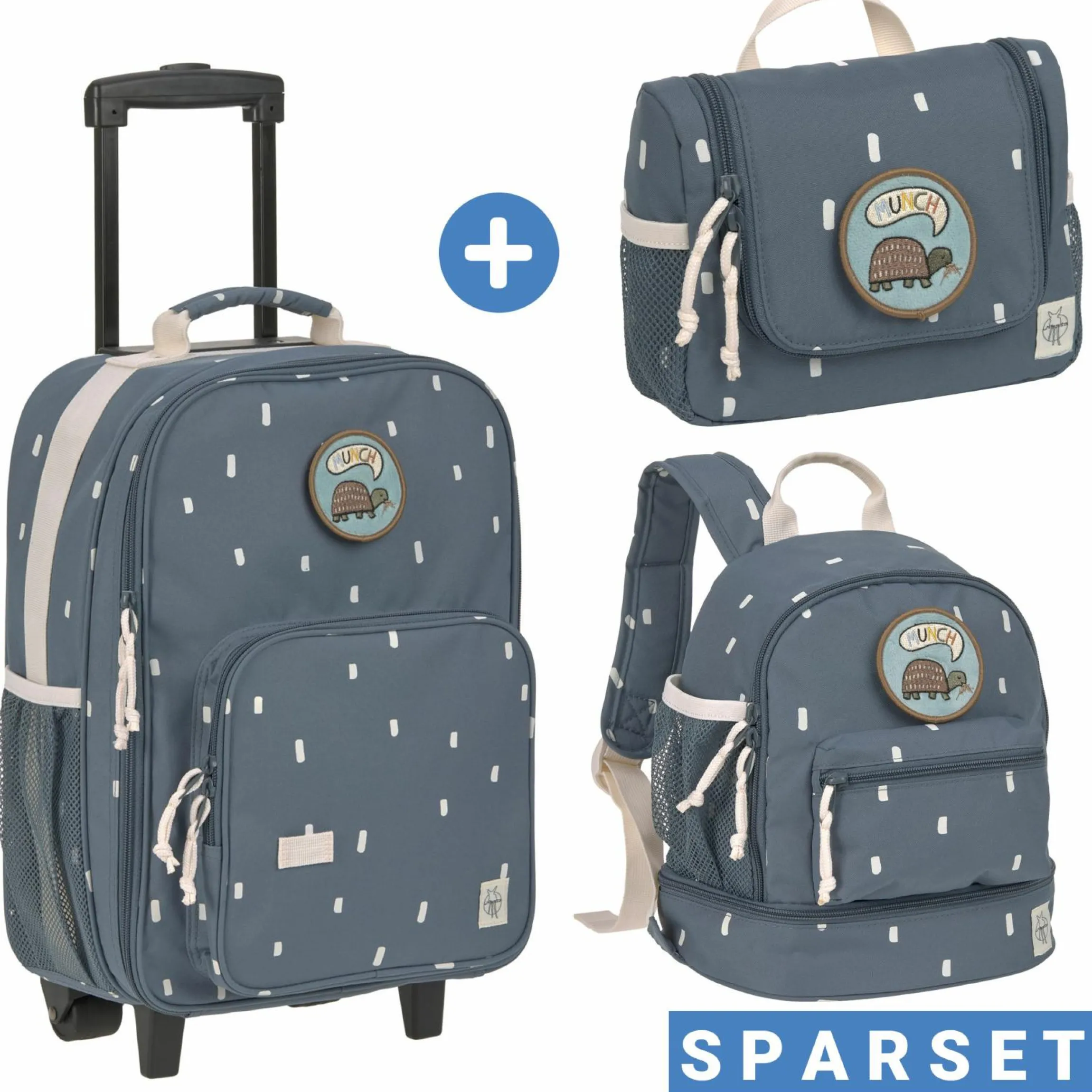 3-tlg. Reise-Set - inkl. Trolley + Washbag + Rucksack - Happy Prints - Midnight Blue