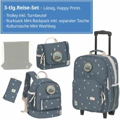 3-tlg. Reise-Set - inkl. Trolley + Washbag + Rucksack - Happy Prints - Midnight Blue