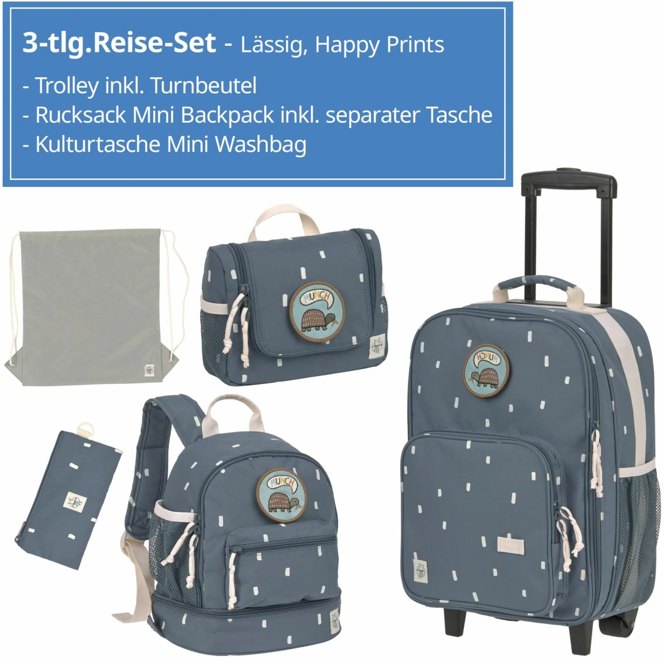 3-tlg. Reise-Set - inkl. Trolley + Washbag + Rucksack - Happy Prints - Midnight Blue