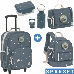 5-tlg. Reise-Set - inkl. Trolley + Washbag + Rucksack + Lunchbox + Trinkflasche - Happy Prints - Midnight Blue
