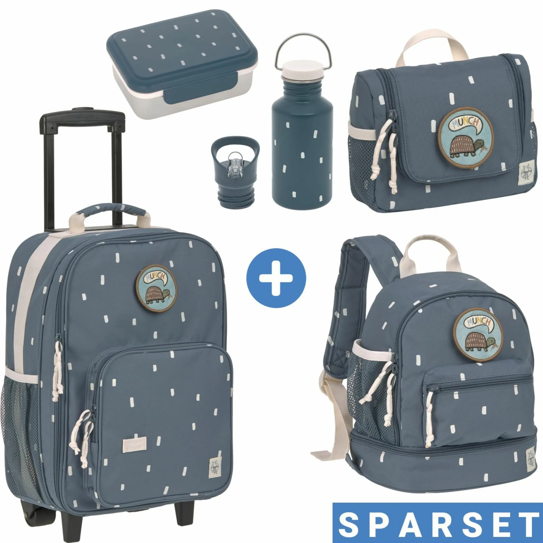 5-tlg. Reise-Set - inkl. Trolley + Washbag + Rucksack + Lunchbox + Trinkflasche - Happy Prints - Midnight Blue