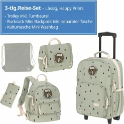 3-tlg. Reise-Set - inkl. Trolley + Washbag + Rucksack - Happy Prints - Light Olive
