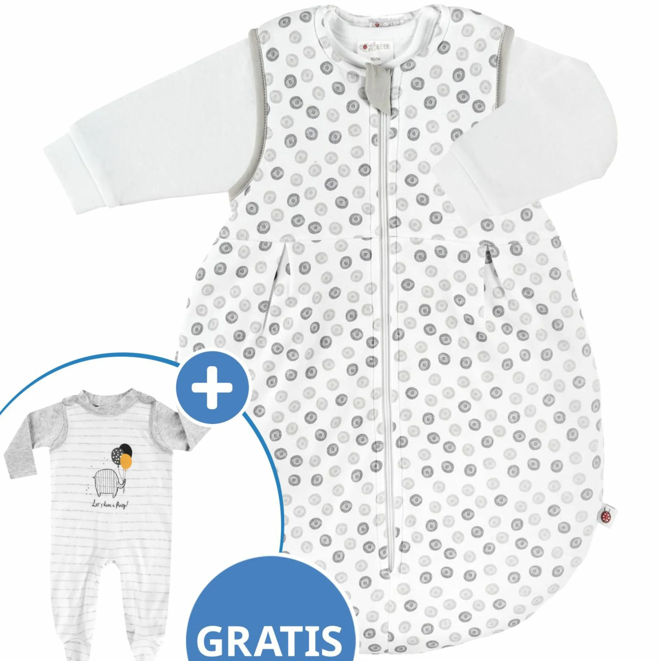 2-tlg. Schlafsack-Set - Circle Weiß Grau + GRATIS Strampler mit Shirt - Let's have a Party - Gr. 62/68