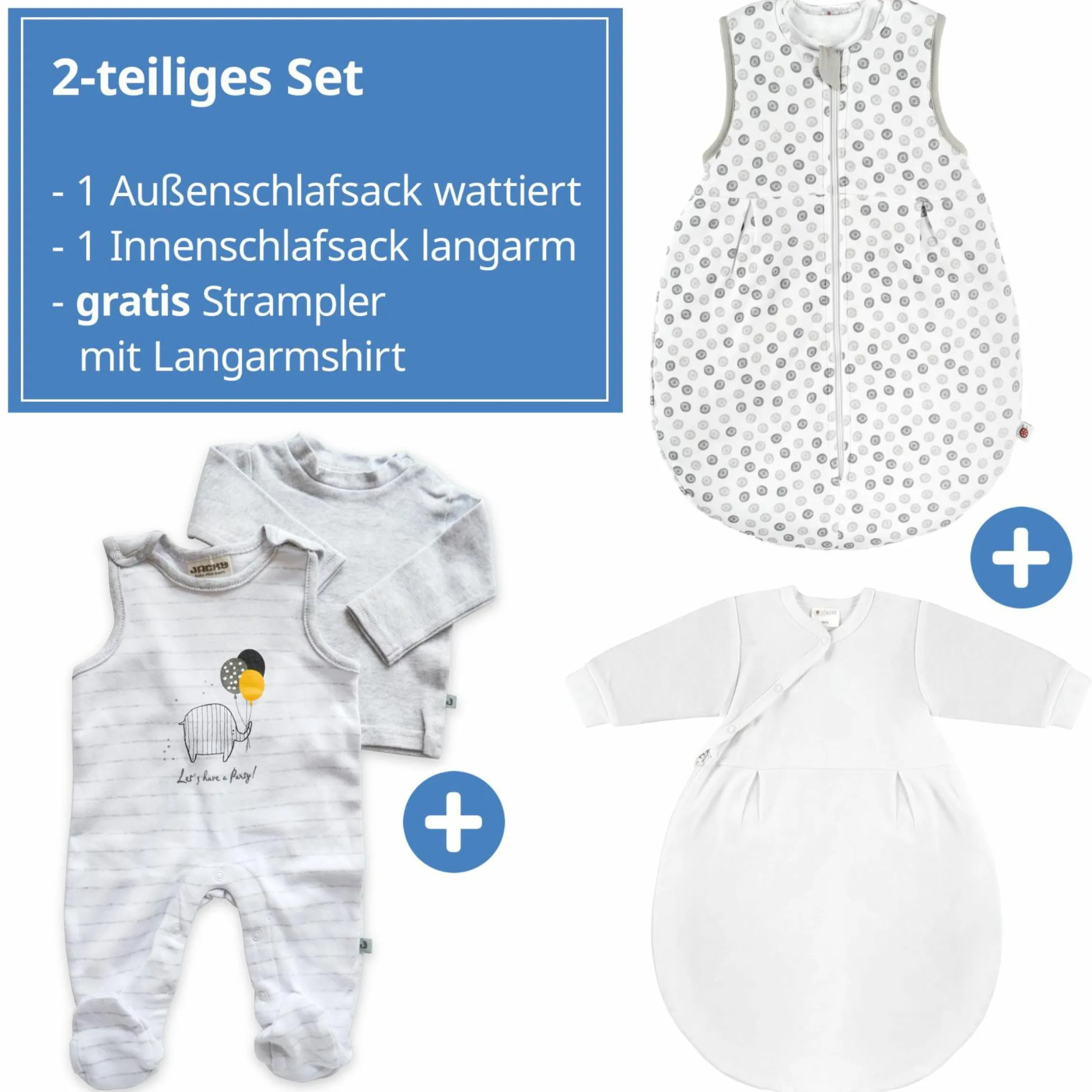 2-tlg. Schlafsack-Set - Circle Weiß Grau + GRATIS Strampler mit Shirt - Let's have a Party - Gr. 62/68
