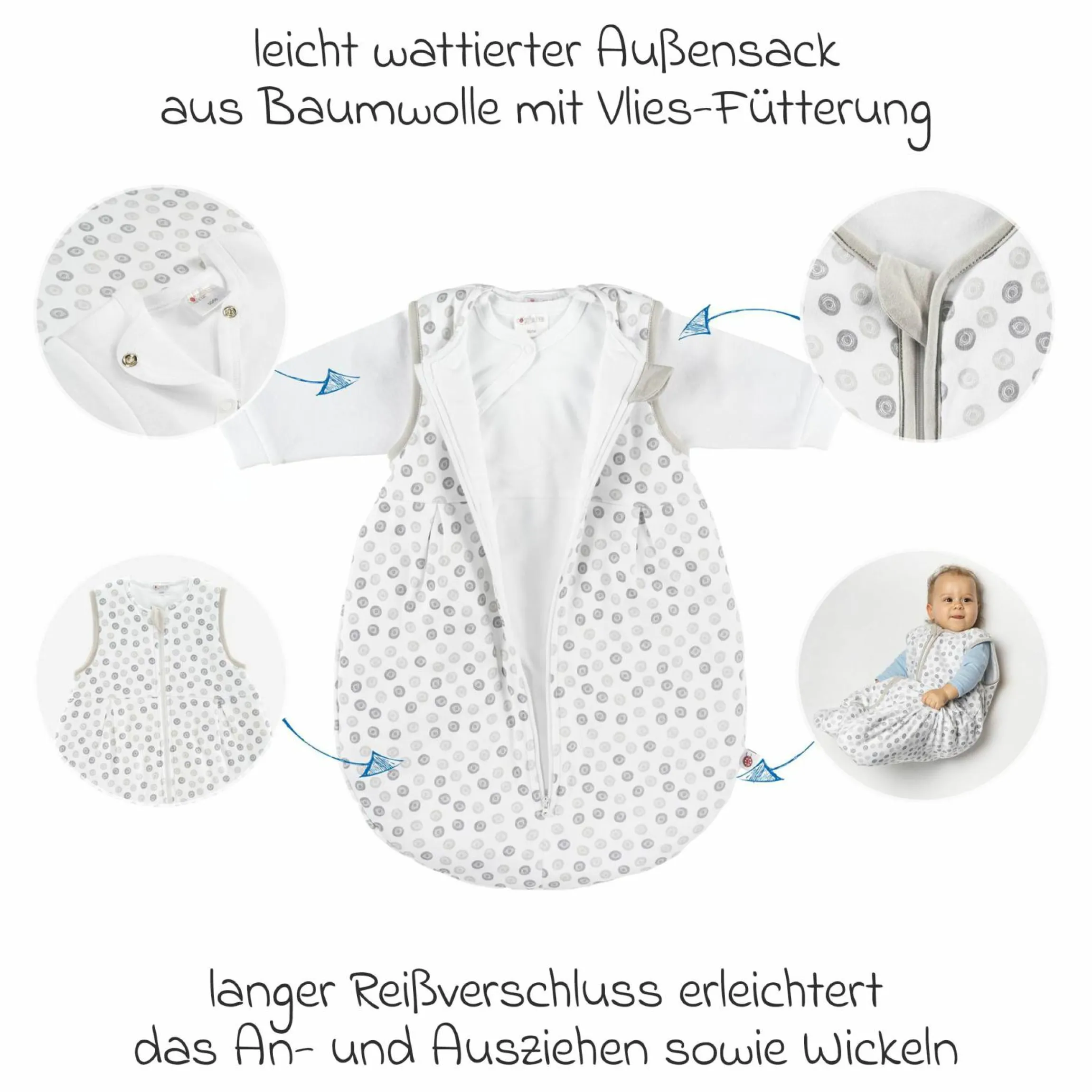 2-tlg. Schlafsack-Set - Circle Weiß Grau + GRATIS Strampler mit Shirt - Let's have a Party - Gr. 62/68