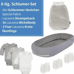 8-tlg. Schlummer-Set - Nestchen + 3 Bodys + Strampelsack + 3 Kratzfäustlinge - Grau Weiß