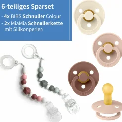 6-tlg. Schnuller-Set - 4 Latex-Schnuller Colour 0-6 M + 2 Silikon-Schnullerketten - Woodchuk Blush Ivory