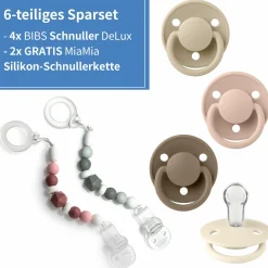 6-tlg. Schnuller-Set - 4 Silikon-Schnuller De Lux 0-36 M + GRATIS 2x Silikon-Schnullerkette - Ivory Blush Vanilla Dark Oak