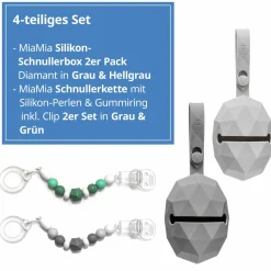 4-tlg. Schnuller-Zubehör-Set - 2x Silikon-Schnullerbox + 2x Schnullerkette mit Silikon-Perlen & Gummiring inkl. Clip - Grau Grün