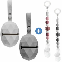 4-tlg. Schnuller-Zubehör-Set - 2x Silikon-Schnullerbox + 2x Schnullerkette mit Silikon-Perlen & Gummiring inkl. Clip - Grau Beere