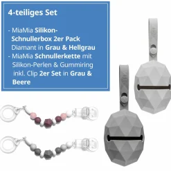4-tlg. Schnuller-Zubehör-Set - 2x Silikon-Schnullerbox + 2x Schnullerkette mit Silikon-Perlen & Gummiring inkl. Clip - Grau Beere