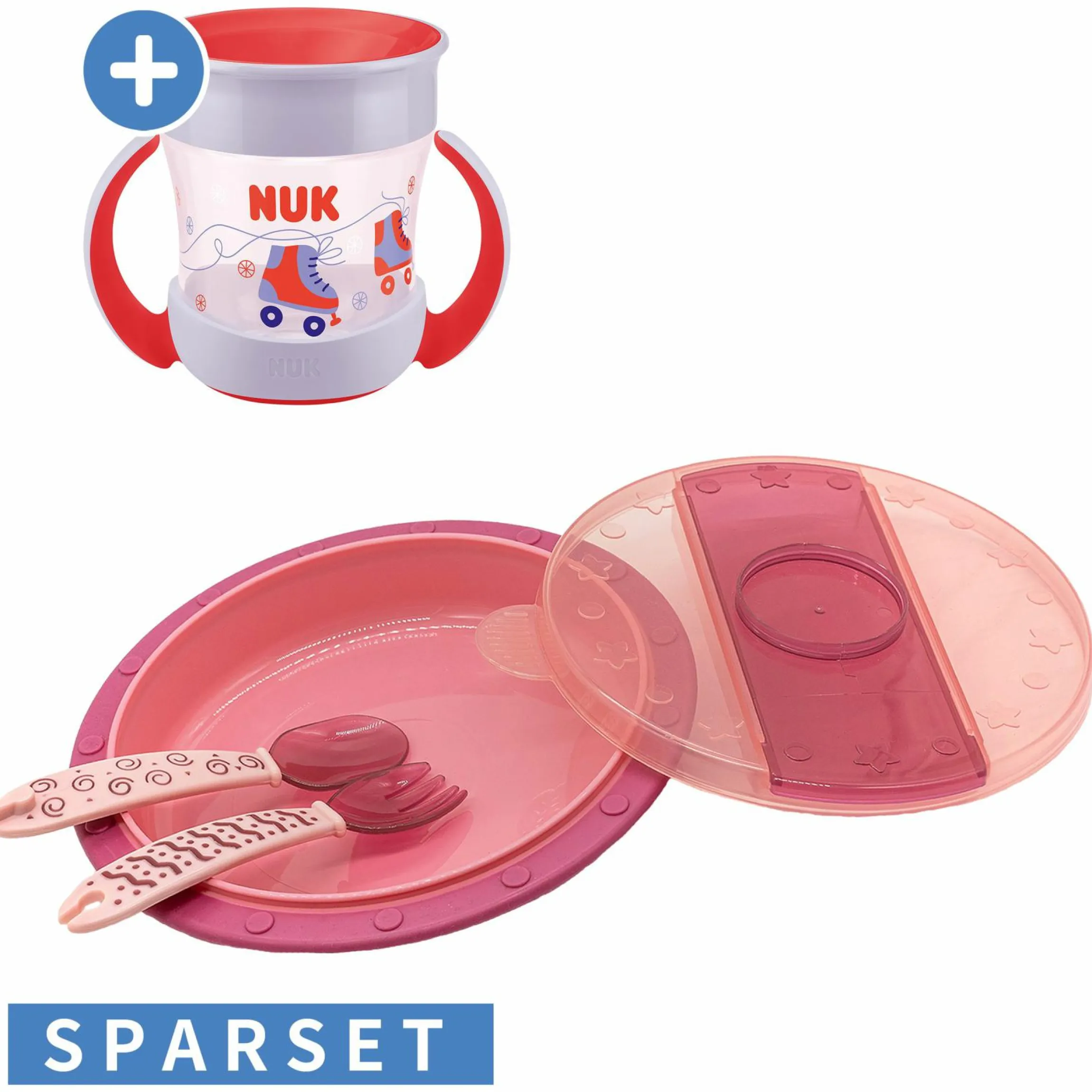 4-tlg. Set für unterwegs inkl. Babyteller mit Besteck & Trinklern-Becher - Pink