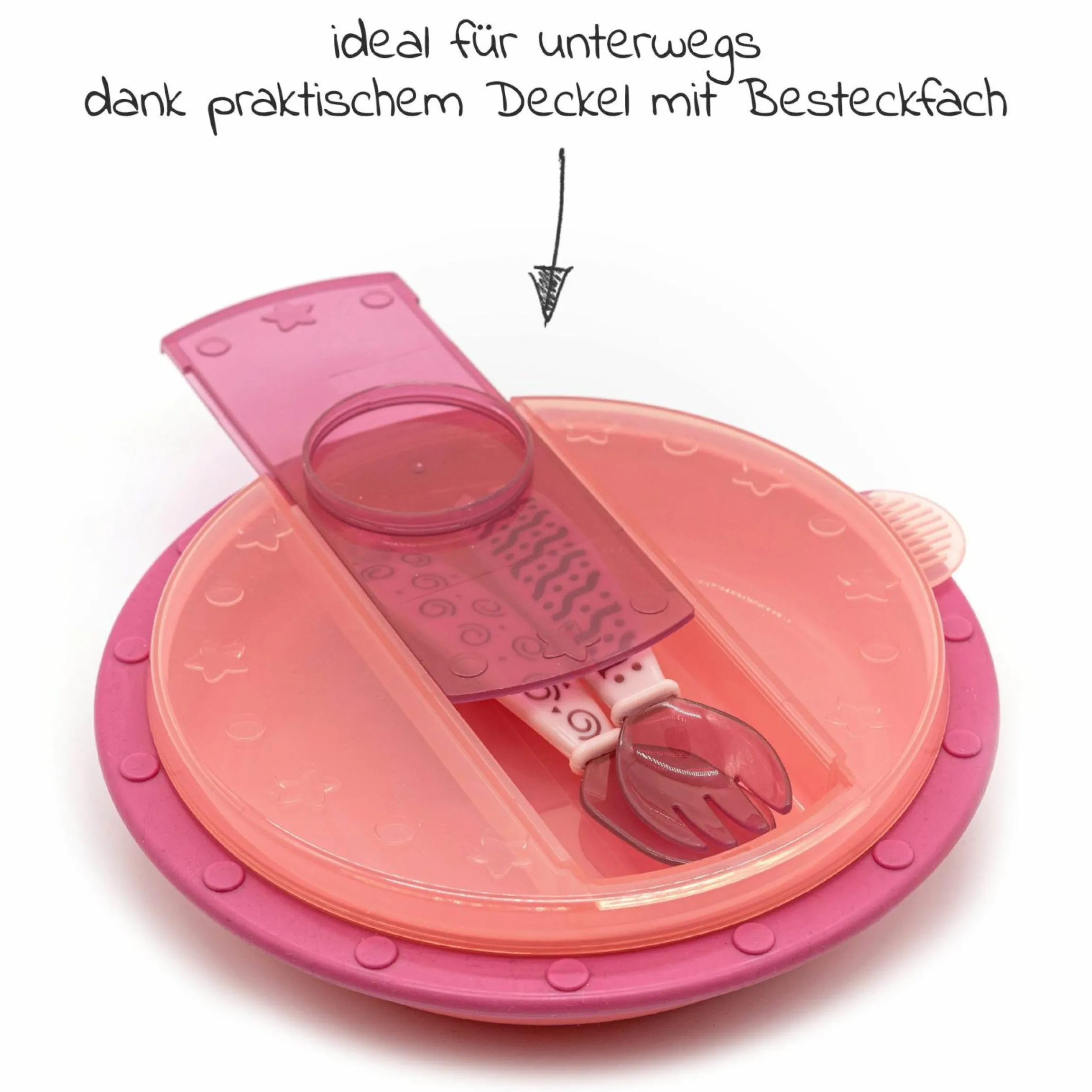 4-tlg. Set für unterwegs inkl. Babyteller mit Besteck & Trinklern-Becher - Pink