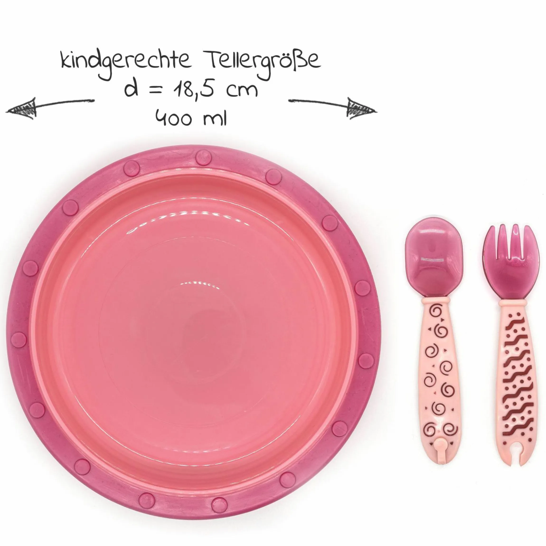 4-tlg. Set für unterwegs inkl. Babyteller mit Besteck & Trinklern-Becher - Pink