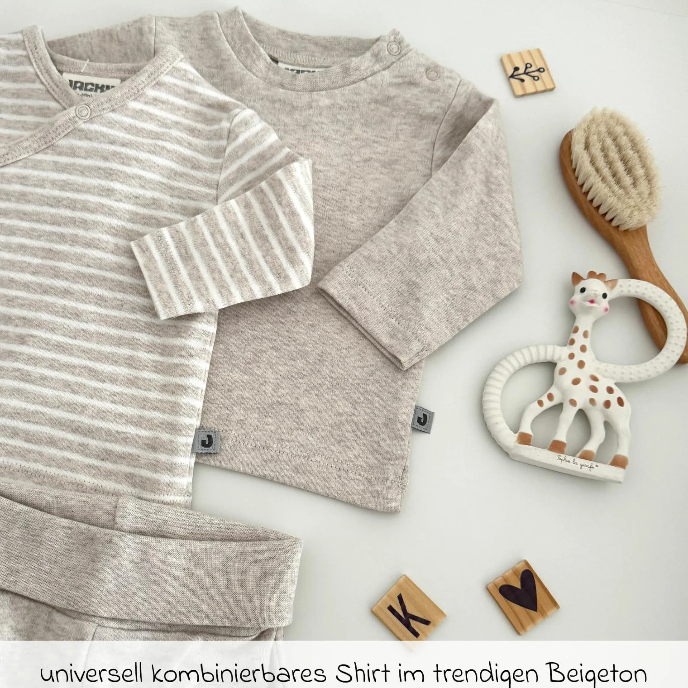 3-tlg. Set Langarmshirt, Wickelshirt & Jogginghose - Beige Melange - Gr. 74
