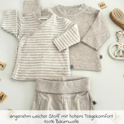 3-tlg. Set Langarmshirt, Wickelshirt & Jogginghose - Beige Melange - Gr. 74