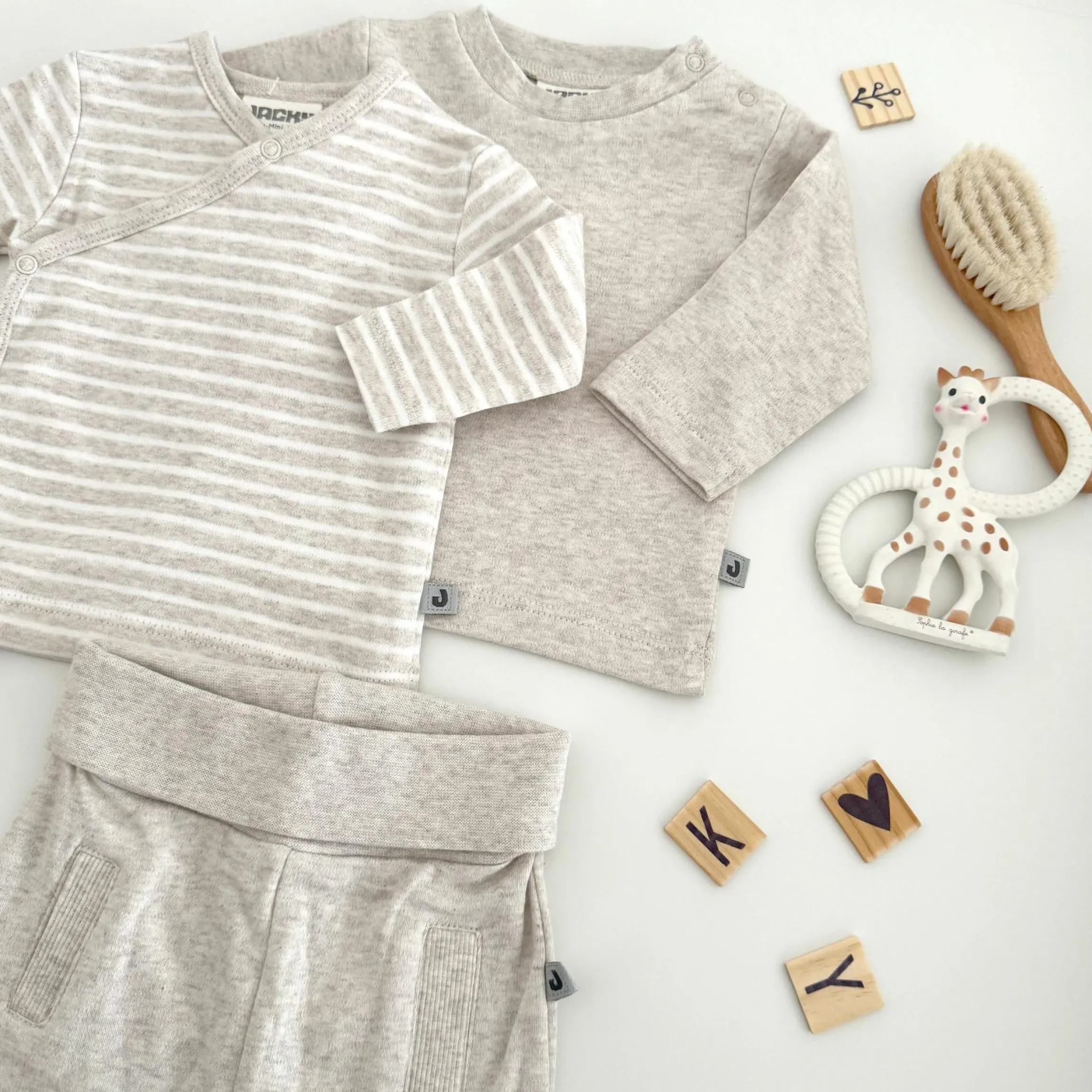 3-tlg. Set Langarmshirt, Wickelshirt & Jogginghose - Beige Melange - Gr. 74